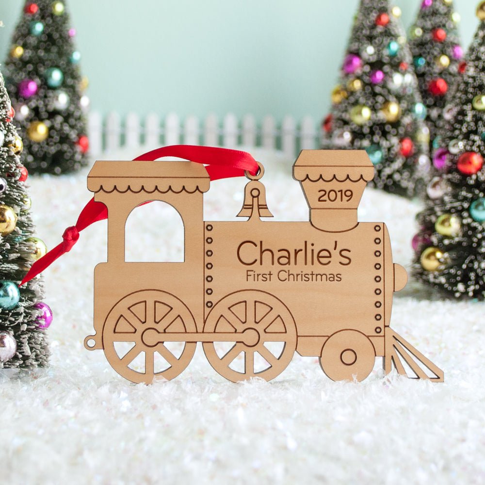 Baby's First Christmas Ornament - Train Engine (Personalized, Wood) Light Maple - Graphic Spaces