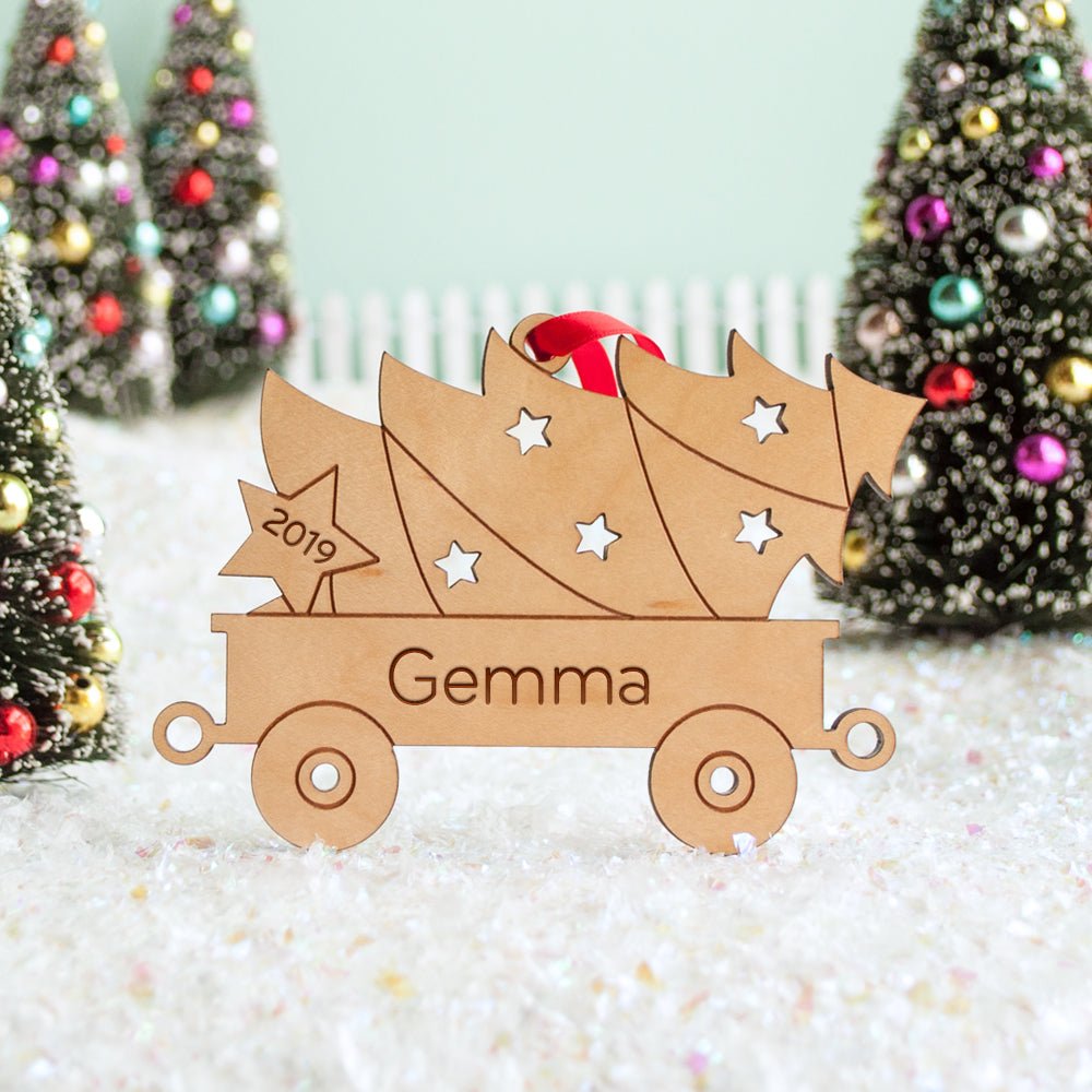 Kids Christmas Ornament - Tractor Tree Wagon (Personalized, Wood) Light Maple - Graphic Spaces