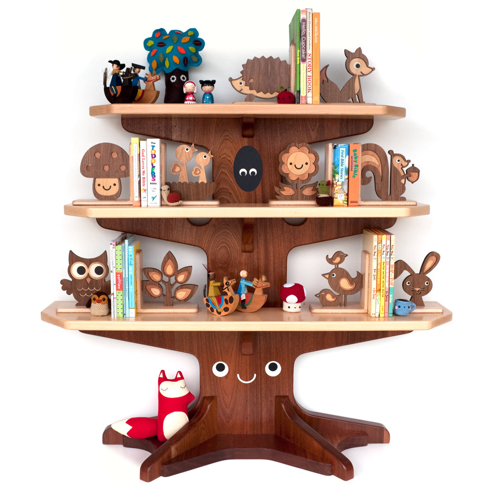 Wooden heirloom Happy Tree Bookshelf with woodland animal bookends handmade by Graphic Spaces