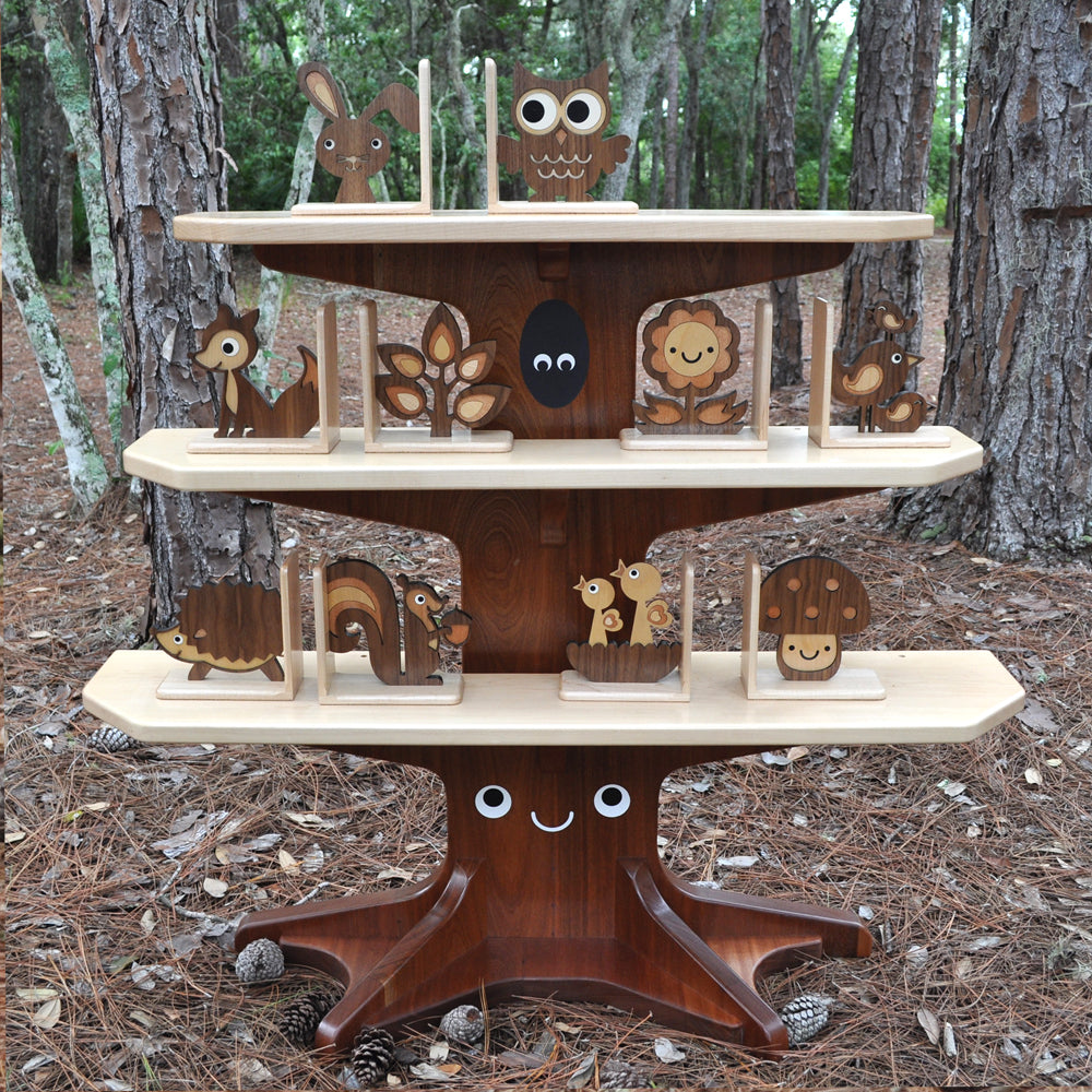 Wooden heirloom Happy Tree Bookshelf with woodland animal bookends handmade by Graphic Spaces