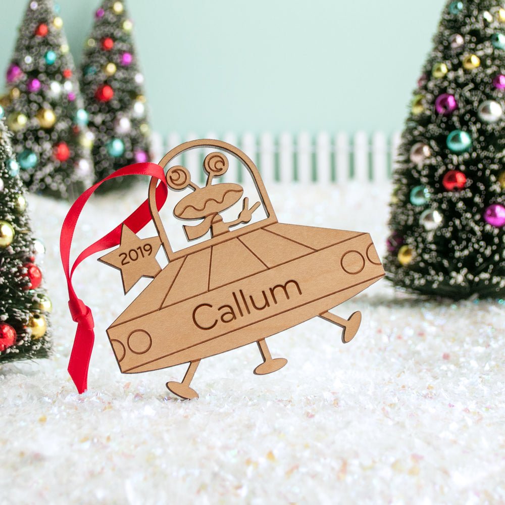 Kids Christmas Ornament - UFO (Personalized, Wood) Light Maple - Graphic Spaces