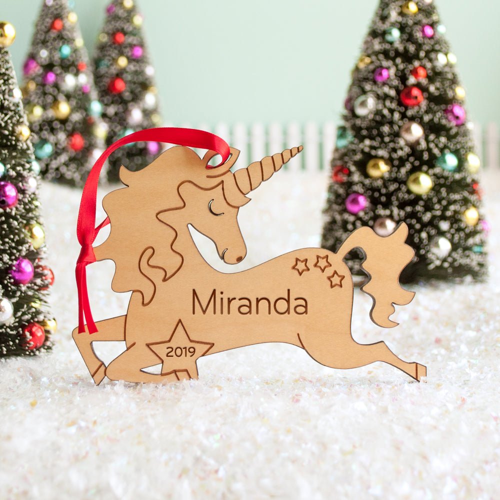 Kids Christmas Ornament - Unicorn (Personalized, Wood) Light Maple - Graphic Spaces