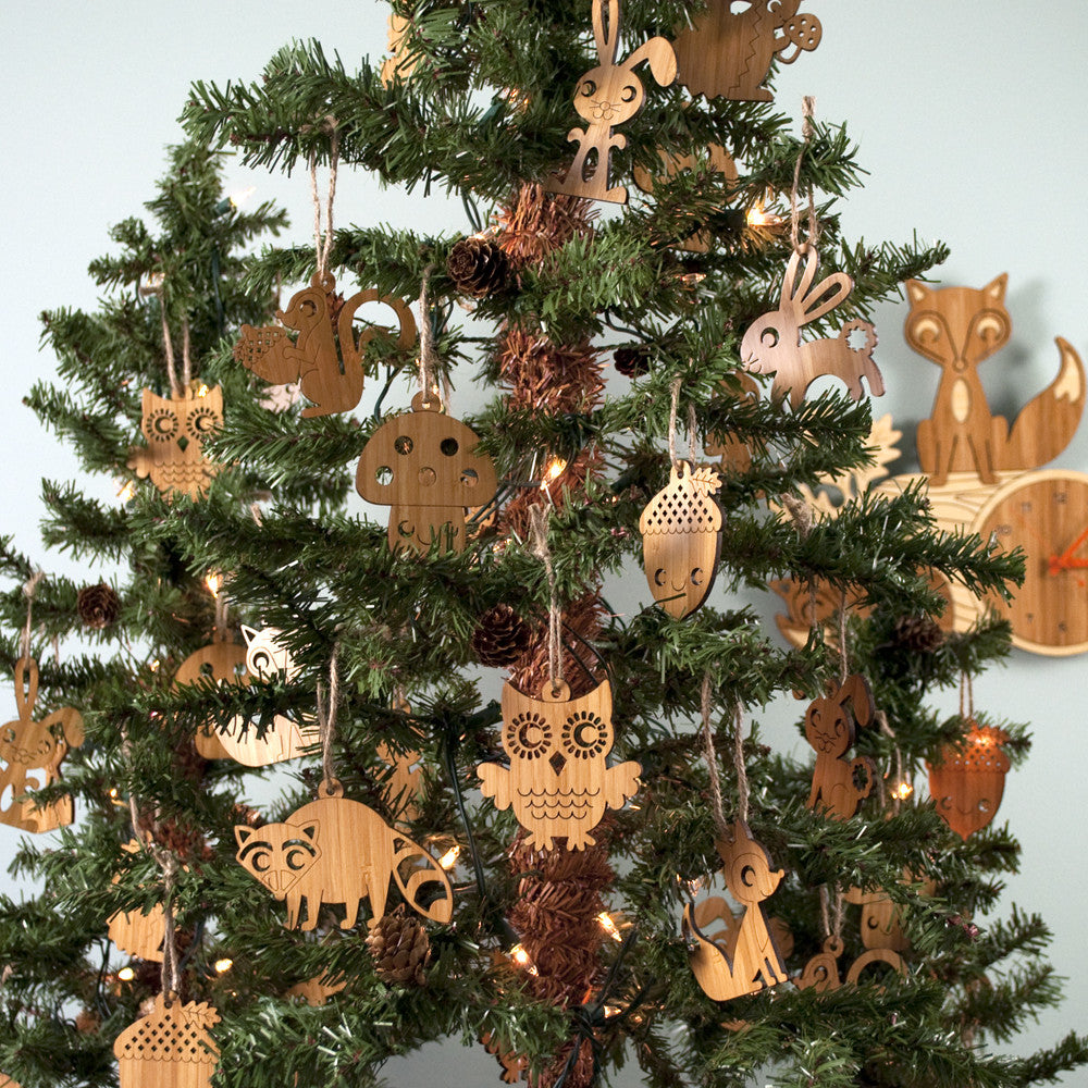 Woodland Animal Christmas Ornaments handmade in eco-friendly bamboo by Graphic Spaces displayed on Christmas tree